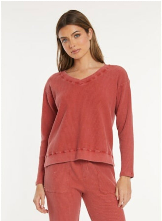 L/S Open VNeck Waffle Top