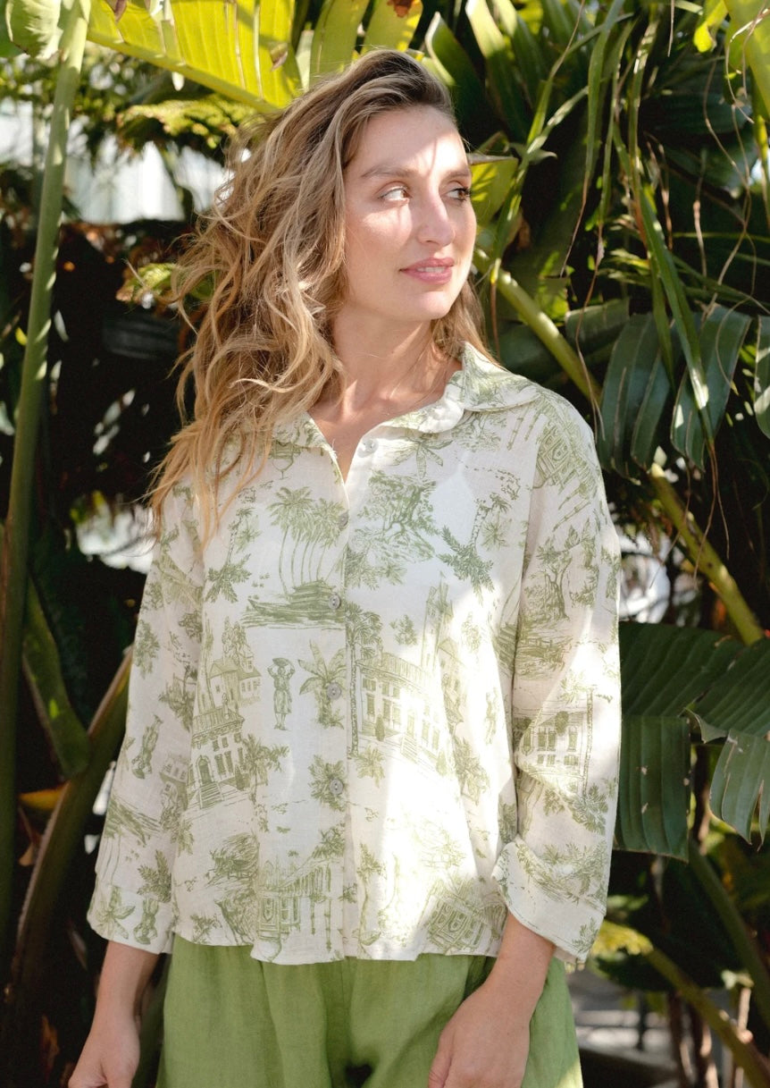 Linen 3/4 Slv Printed Shirt