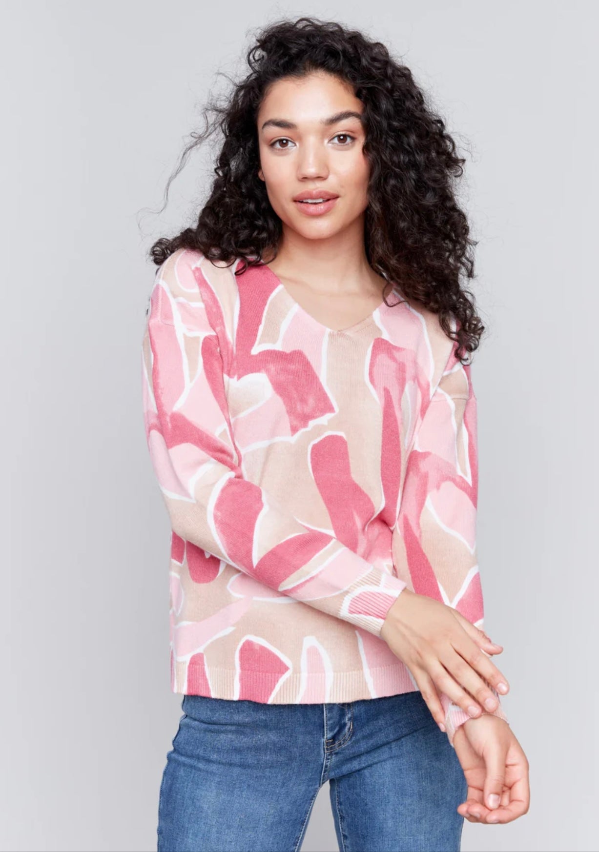 Printed Plushy V Neck Sweater