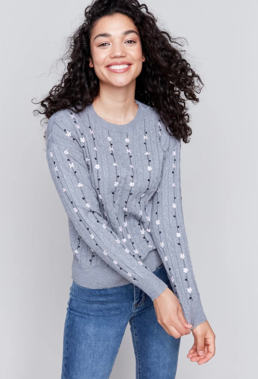 Flower Embroidered Crew Neck Sweater