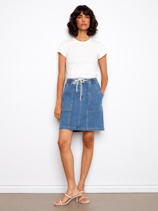 Drawstring Denim Skort w/Patch Pockets