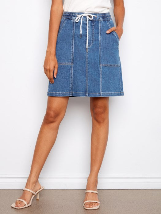 Drawstring Denim Skort w/Patch Pockets