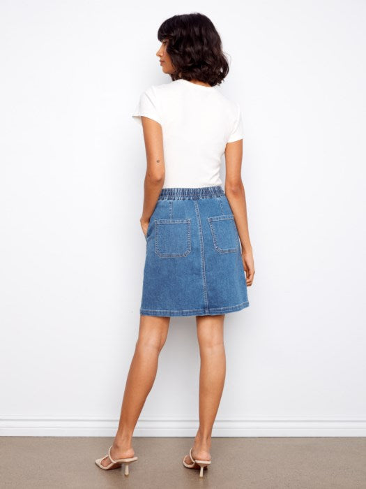 Drawstring Denim Skort w/Patch Pockets