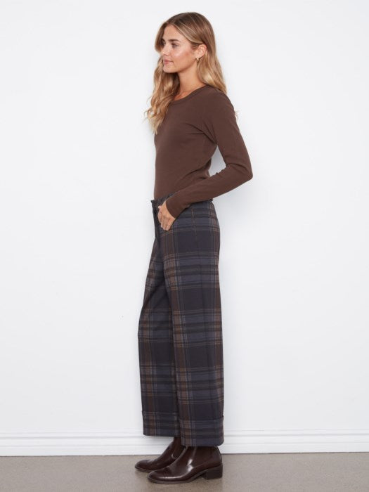 Printed Plaid Wide Leg Pant